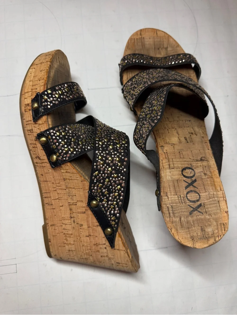 XOXO Black Rhinestone Cork Wedge Slide Sandals